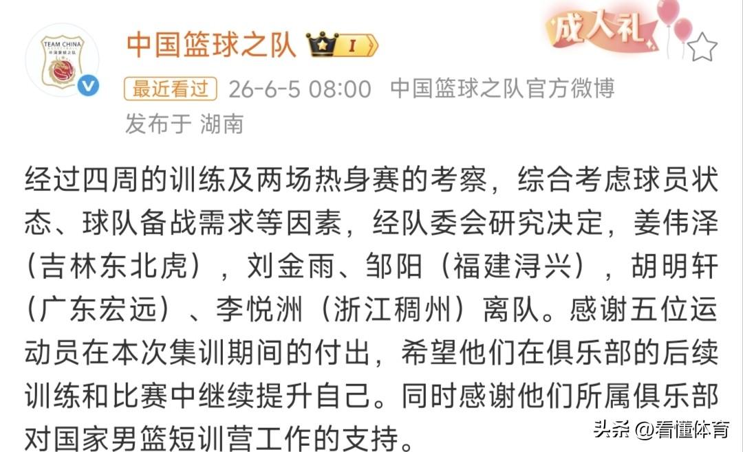 中国男篮官宣淘汰名单，胡明轩是身体还有伤吗？为什么也会被淘汰？

如果有伤的话，