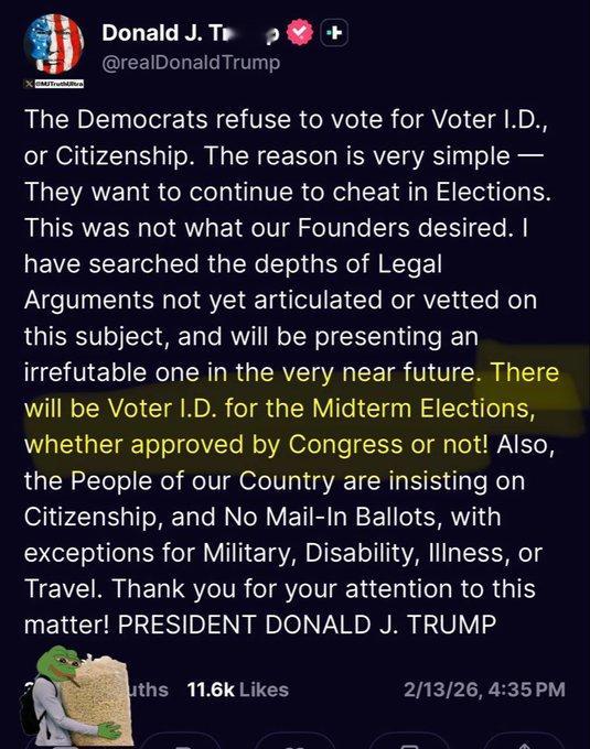 提醒……别担心。“中期选举将会有选民身份证，无论国会是否批准！”让特朗普继续发挥