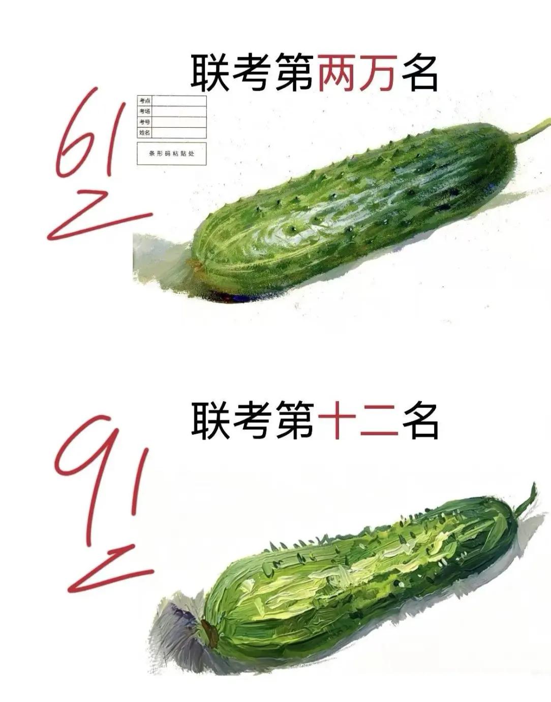 不要以为画画画得逼真就能拿高分！看这两根黄瓜，一个两万多名62分，一个第十二名9