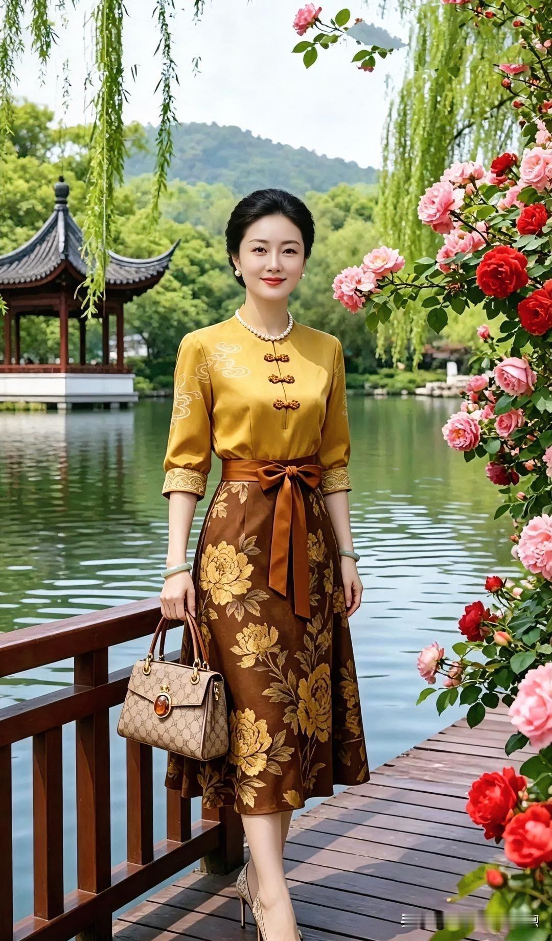 《湖畔雅韵》（现代散文诗）

柳丝拂水，繁花拥径，亭角飞檐入画。她身着姜黄上衣、