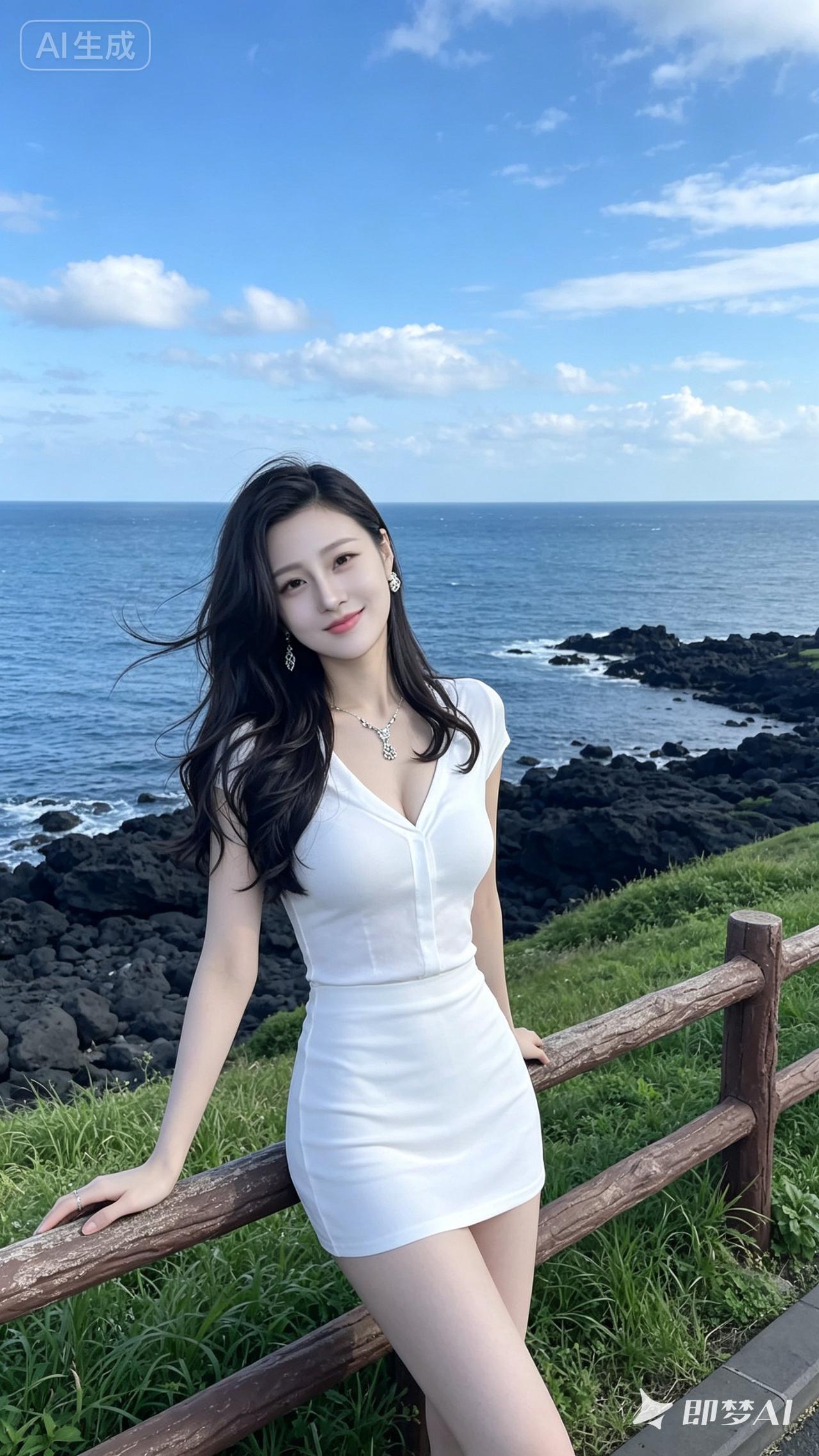 海边度假风穿搭，白色连衣裙搭配自然美景，轻松自在！🌊👗🌞