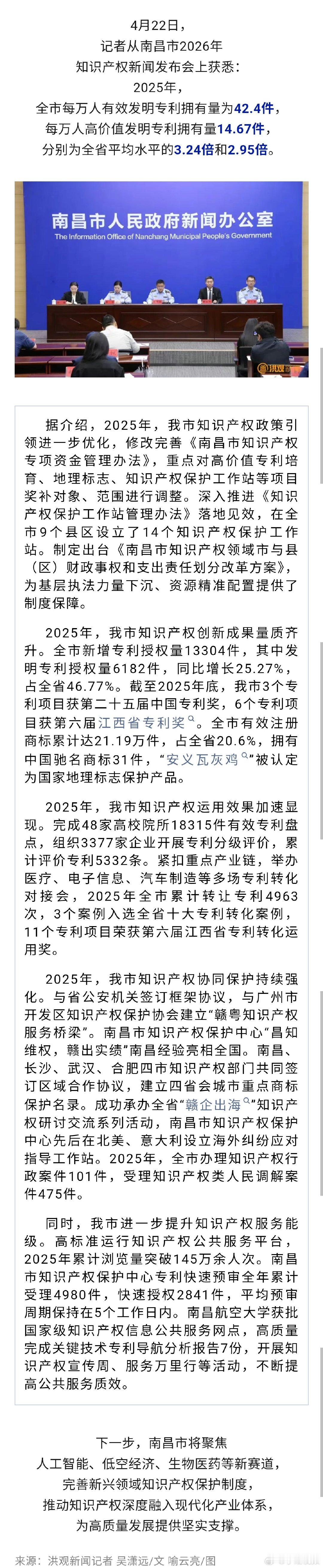 【南昌发布2025年知识产权成绩单】4月22日，从南昌市2026年知识产权新闻发