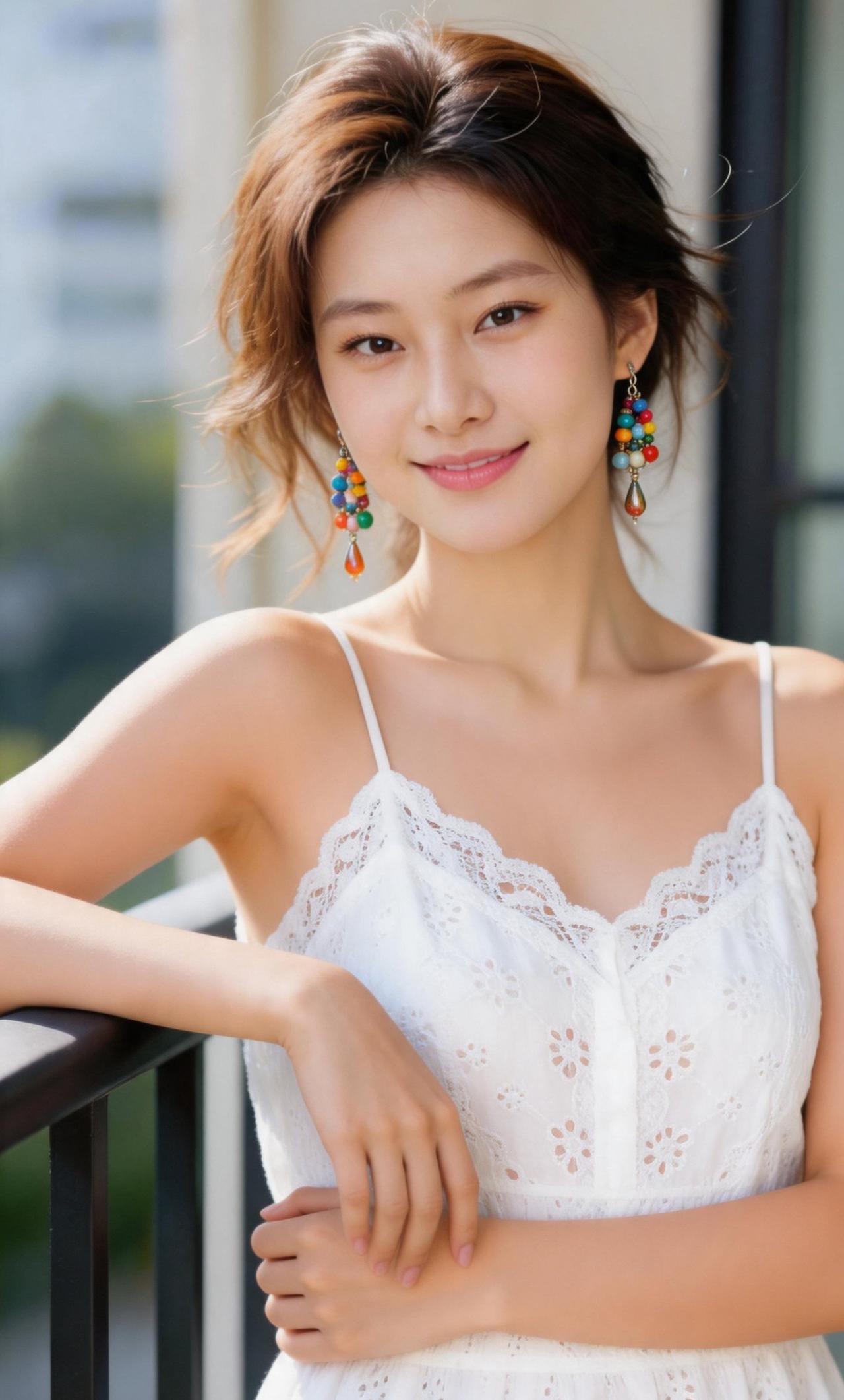 夏日清新穿搭，白色蕾丝连衣裙搭配彩色耳环，元气满满！