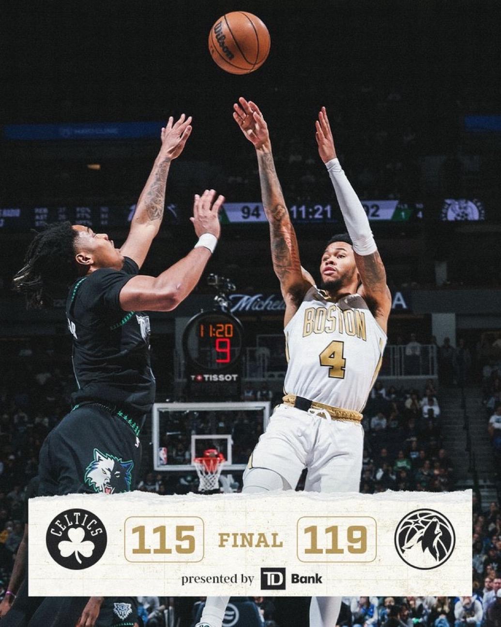 11月30日NBA常规赛战报（8场）：

凯尔特人115-119森林狼
猛龙-黄