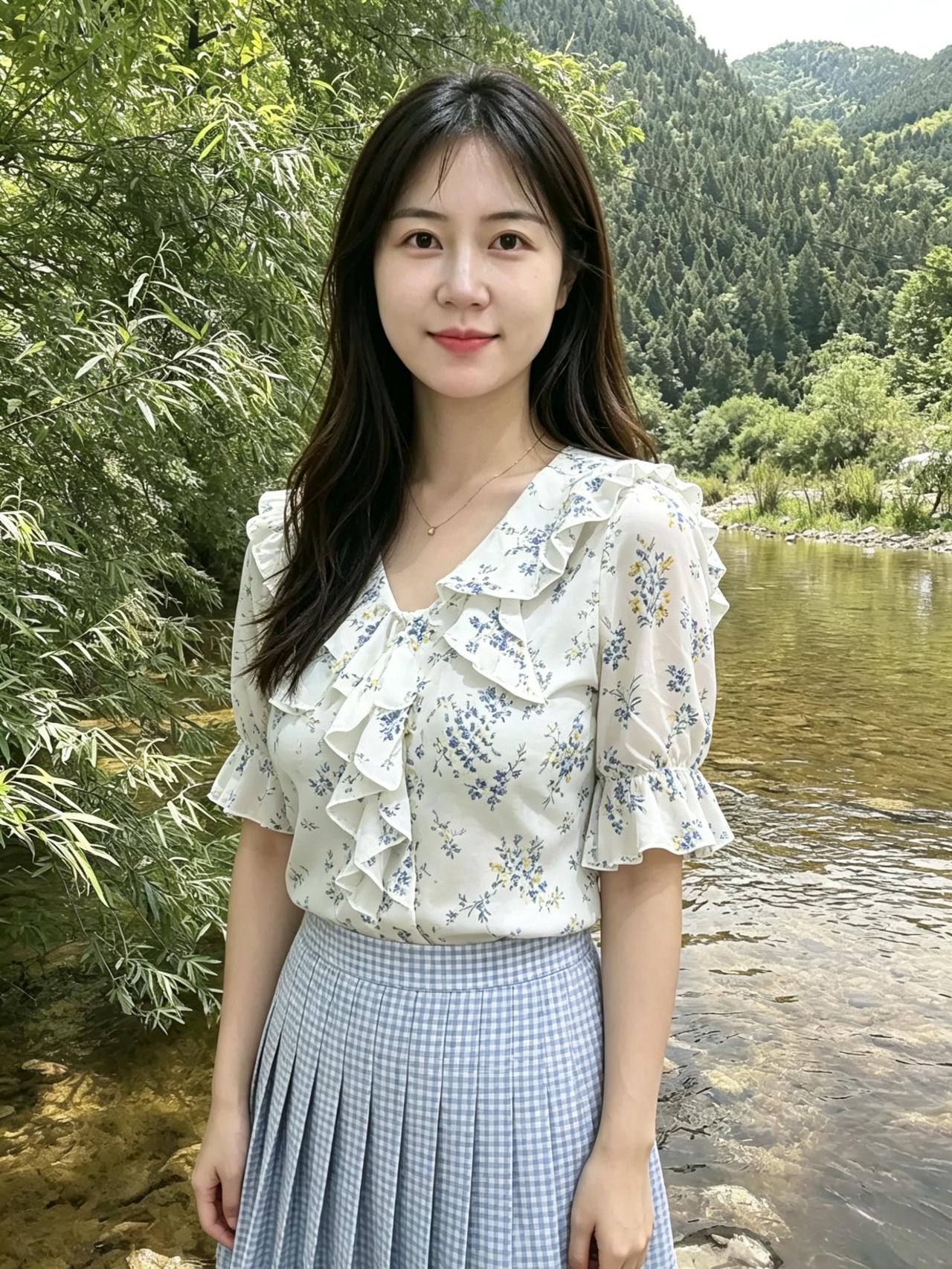 碎花裁素袂，浅格衬罗裙。
山野清风里，嫣然自出尘。