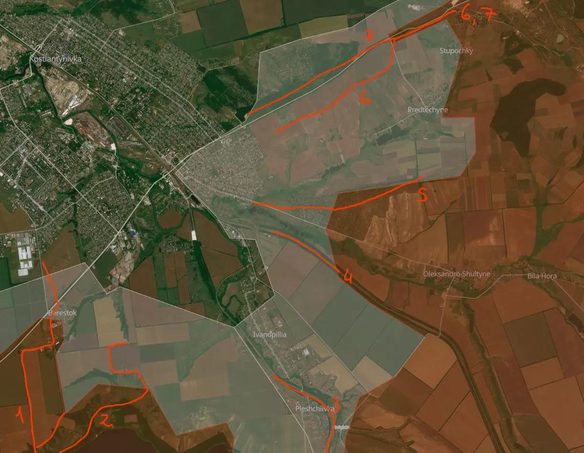 康斯坦丁尼夫卡战况（近两日详情）
图中箭头均为红色：俄军近期发起的进攻无一成功。