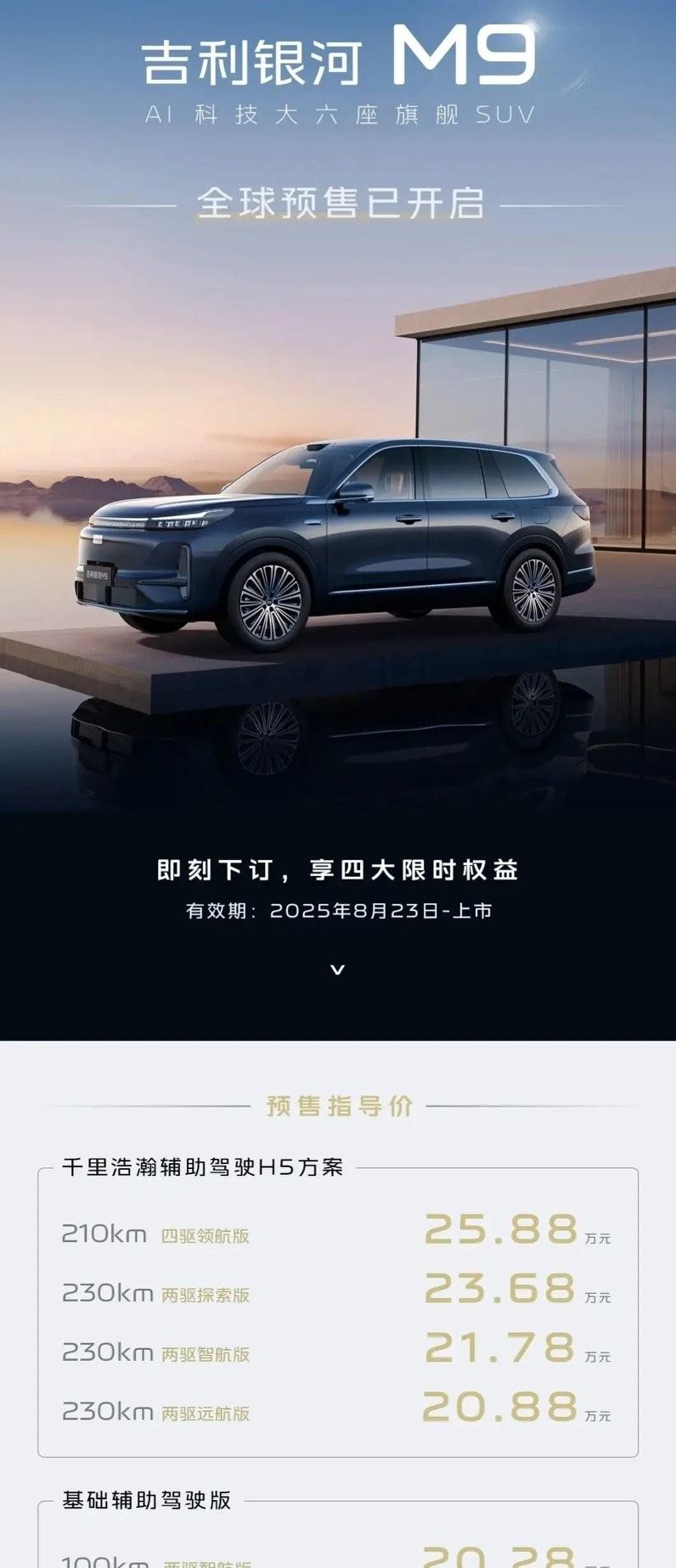 19.38万起，大6座吉利银河M9，比Model Y L便宜了近15万！吉利银河