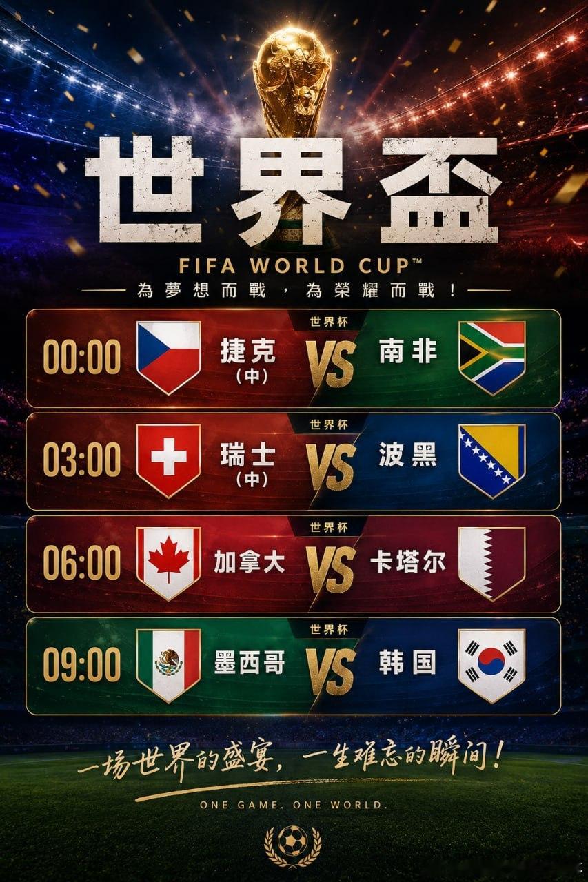 世界杯赛程来了，今晚开始连看4场！00:00 捷克vs南非 03:00 瑞士vs