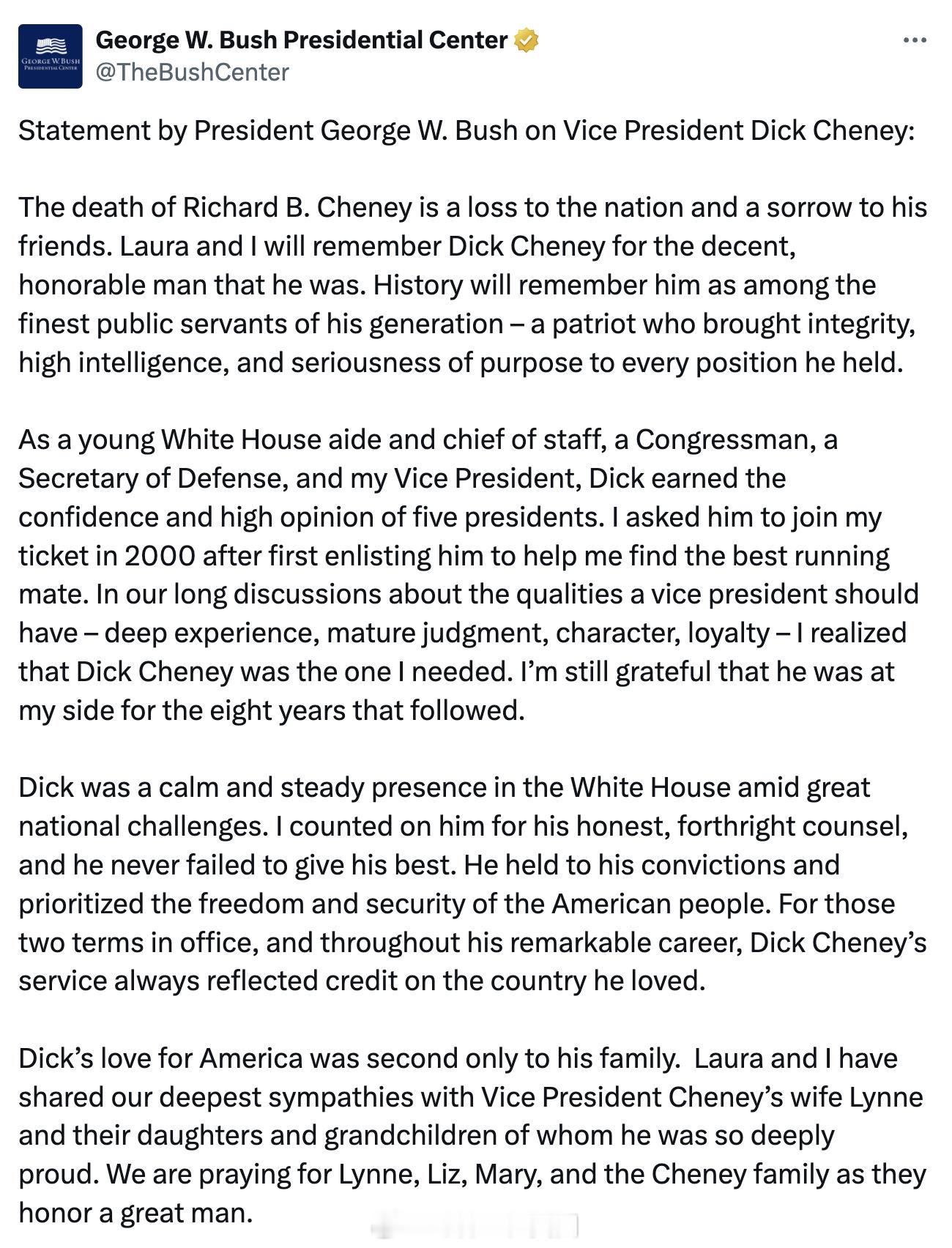 切尼去世，小布什发声明：“Richard B. Cheney（切尼）的去世是国家