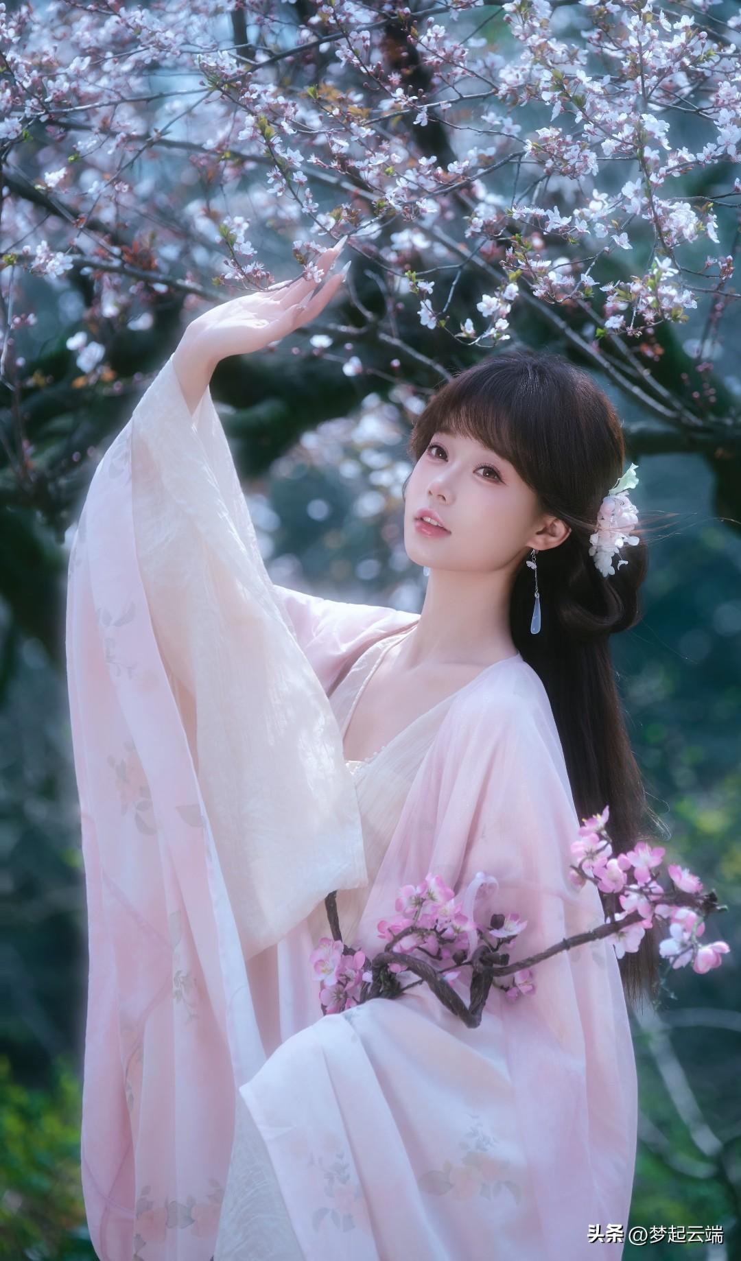 樱花树下，轻纱飘逸，少女如画。