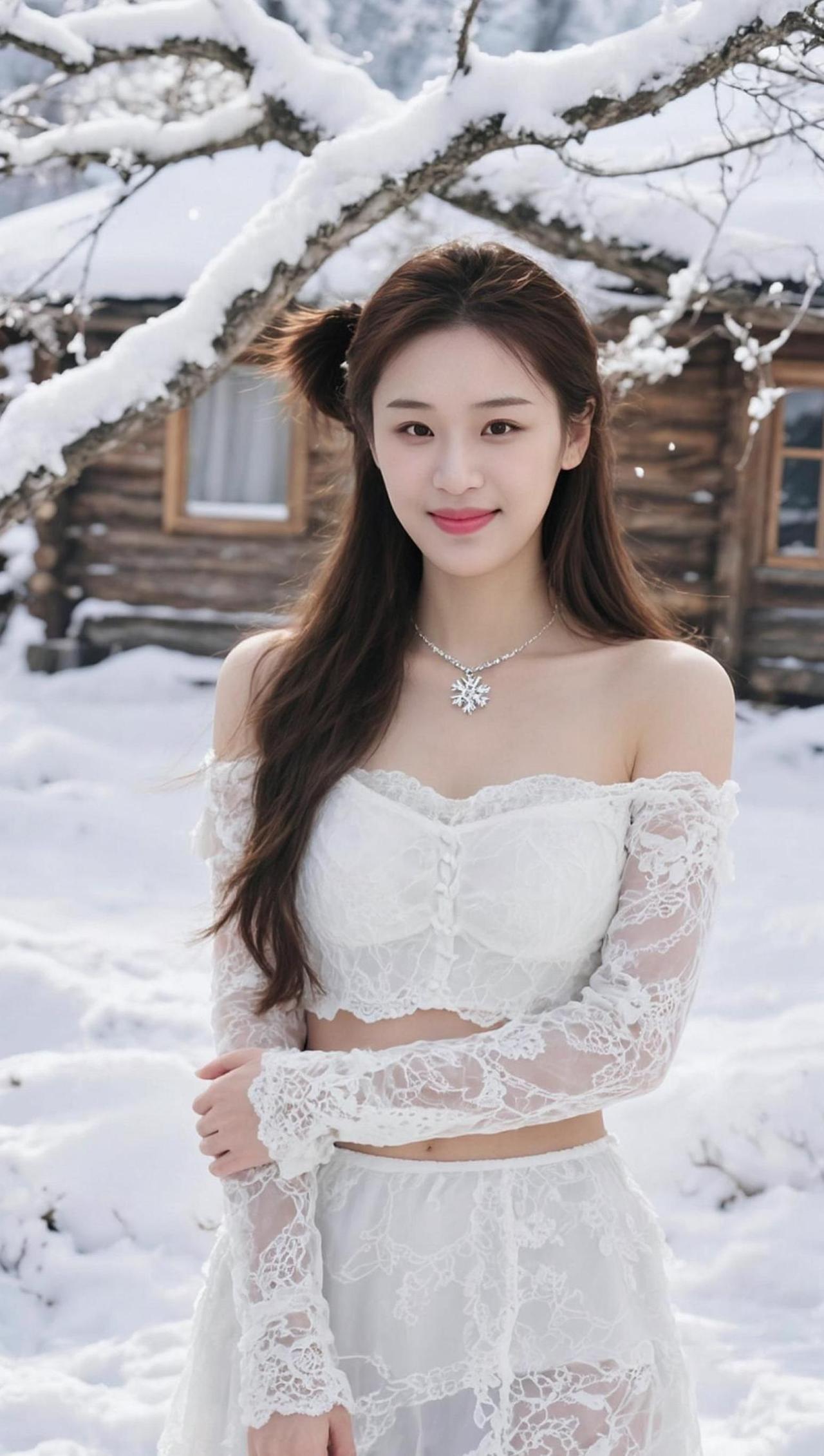 雪落无声，却在镜头里绘出一幅静谧的画卷。洁白的衣裙与纯净的雪景交织，仿佛时间在此