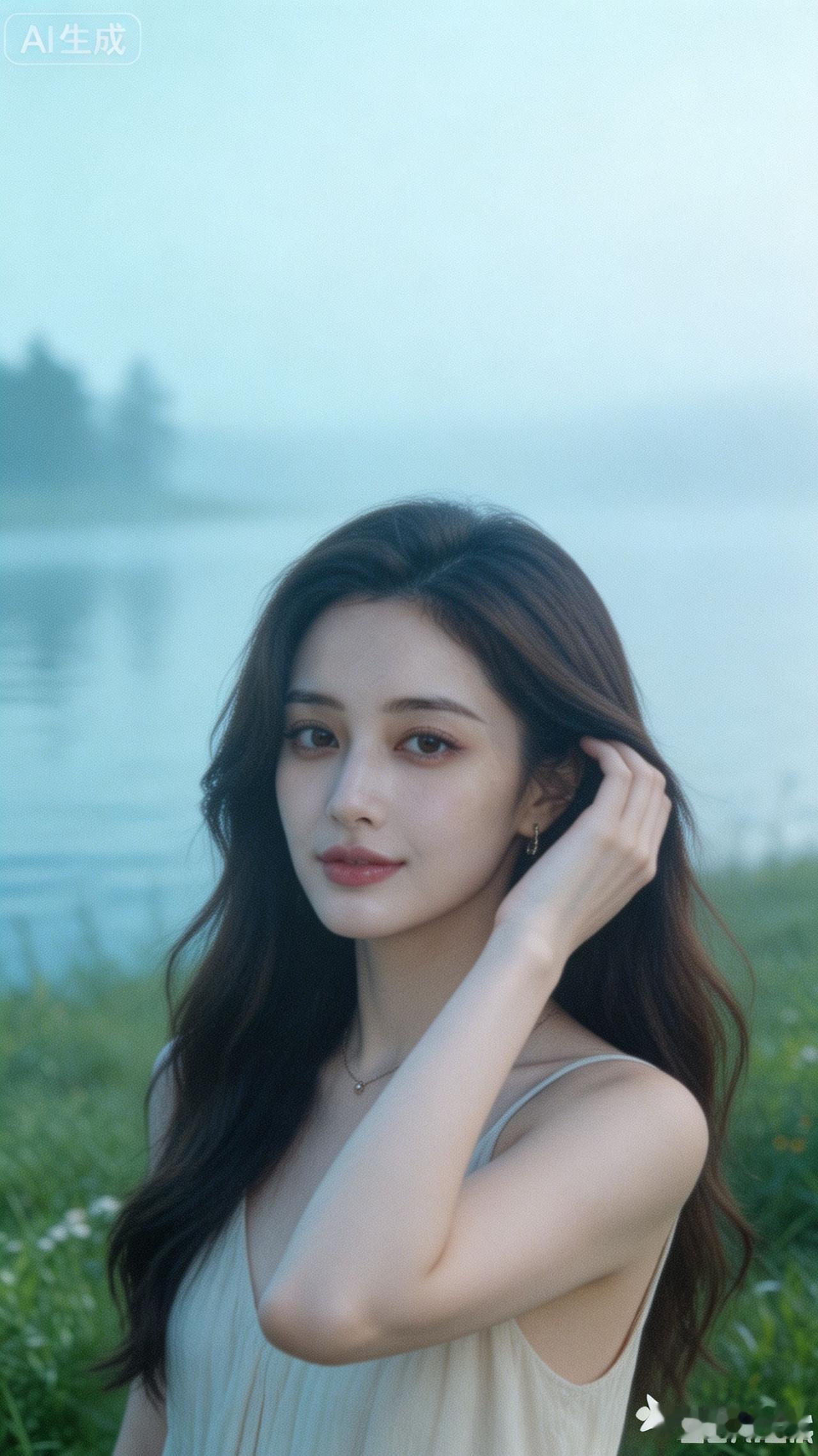 这位美女在湖边拍照，真好看！