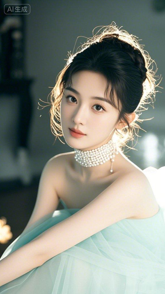 靓女拥有完美的脸蛋，容颜清丽动人，玉颈修长如白玉雕琢，泛着温润柔光。气质清雅如兰