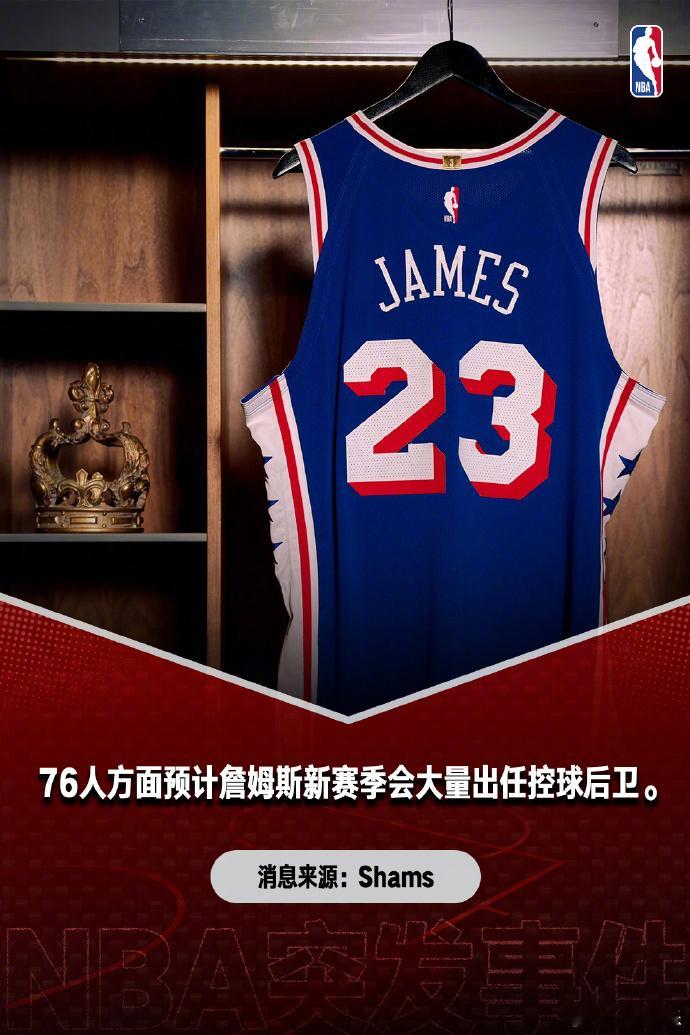 【NBA称詹姆斯将打76人控卫】7月28日，发文称：“组织核心！据NBA知名记者