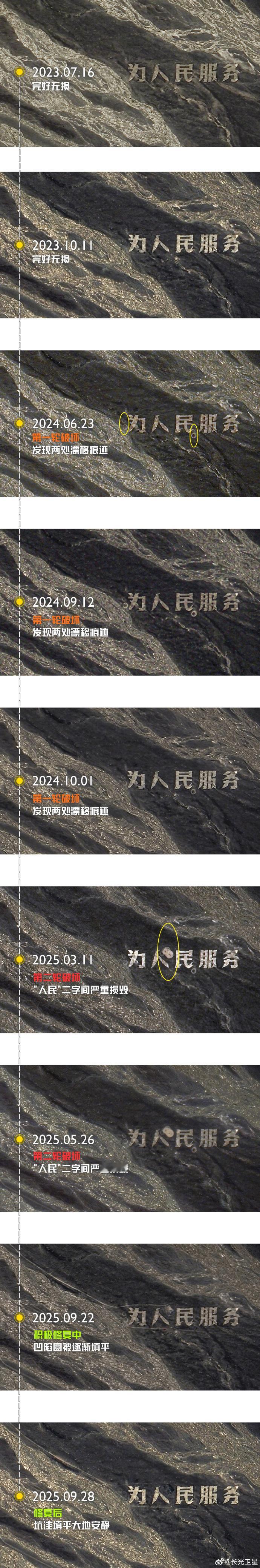 官方介入调查为人民服务地标被破坏汽车给我们带来了出行的便利，但绝不能成为破坏地标