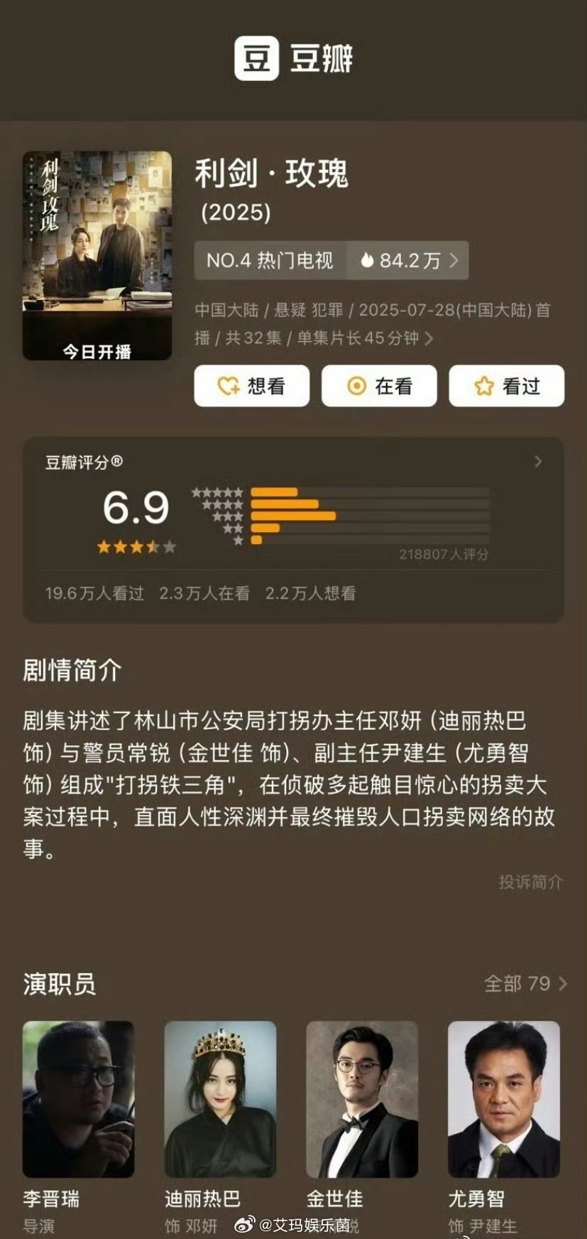 迪丽热巴、金世佳的利剑玫瑰豆瓣开分6.9分[疑问]这分数不太高啊 ​​​