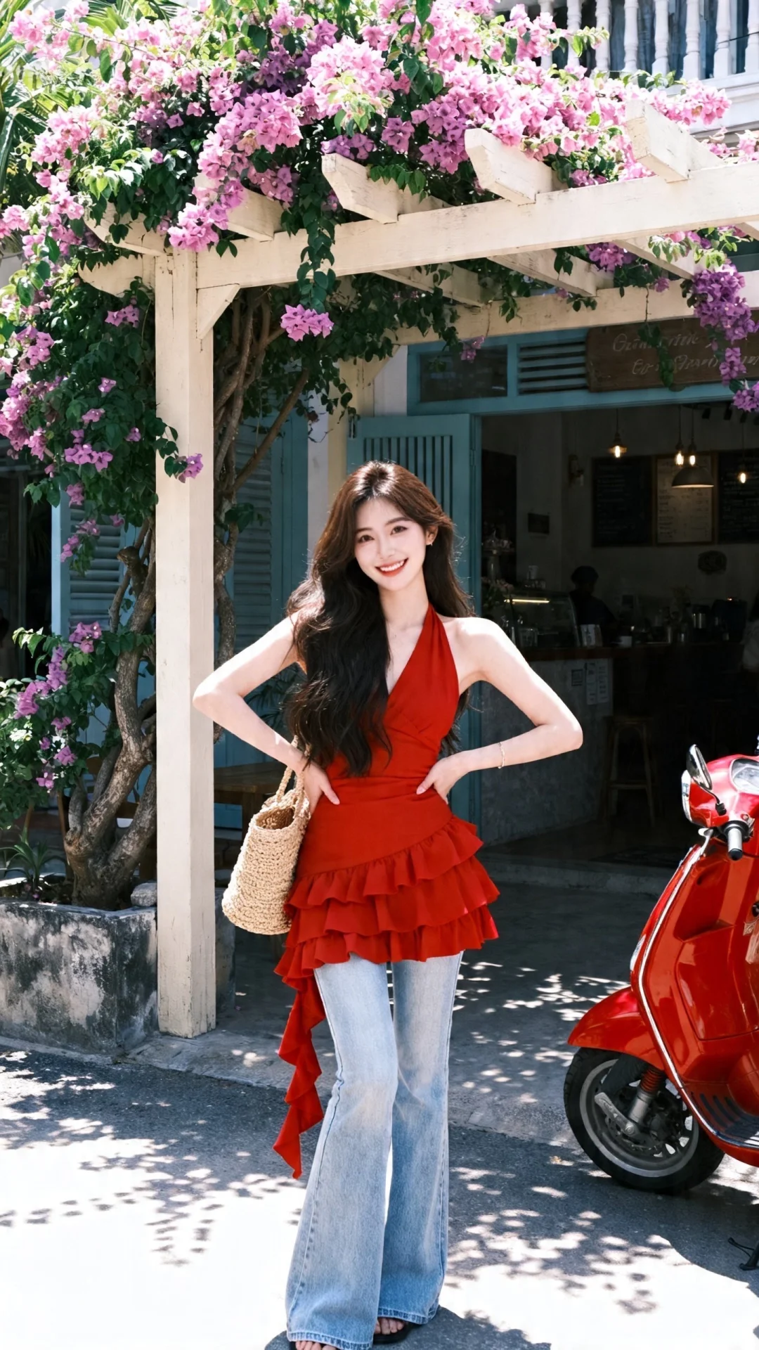 日常快照高质量网红人像，半身照，冷白皮，皮肤白净光滑，脸型精致鼻梁高挺...