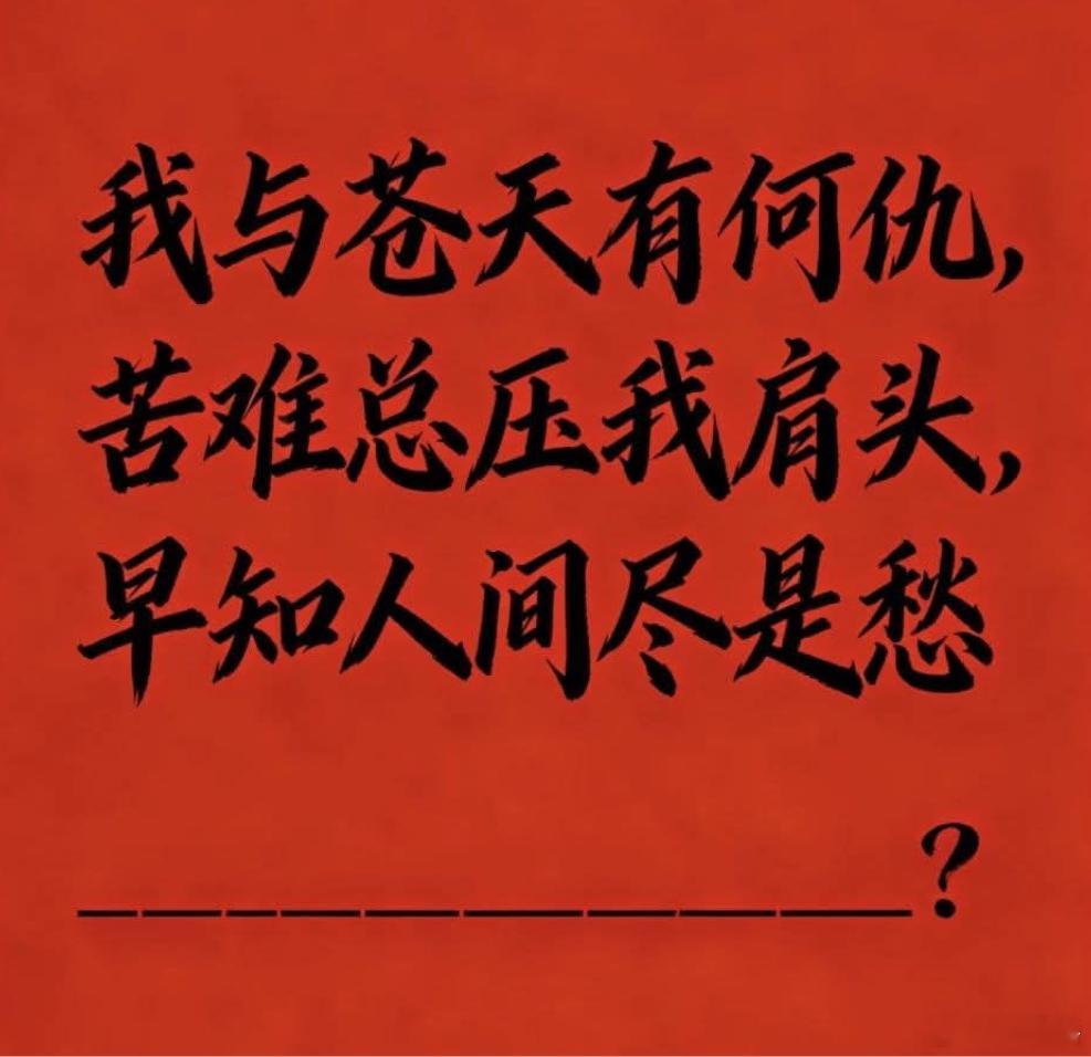 谁来帮我填完这最后一句话，我想不出来完美的。我与苍天有何仇，苦难总压我肩头。早知