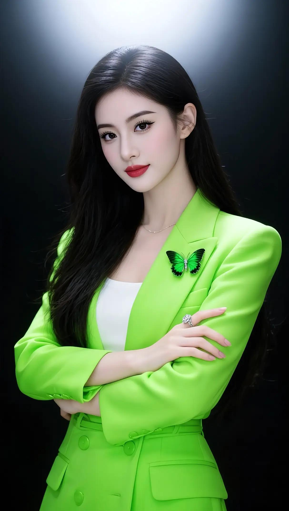 绿意盎然的西装外套，搭配蝴蝶胸针，优雅气质扑面而来！🌿💄👗