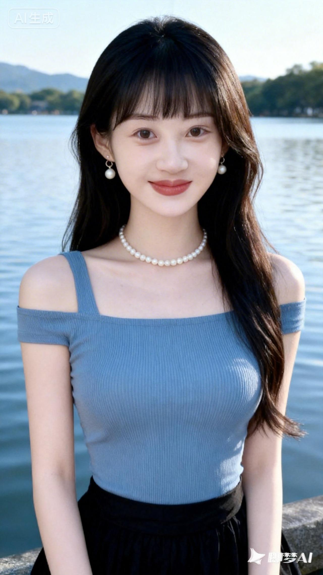 清新夏日穿搭，珍珠项链与湖畔的完美搭配