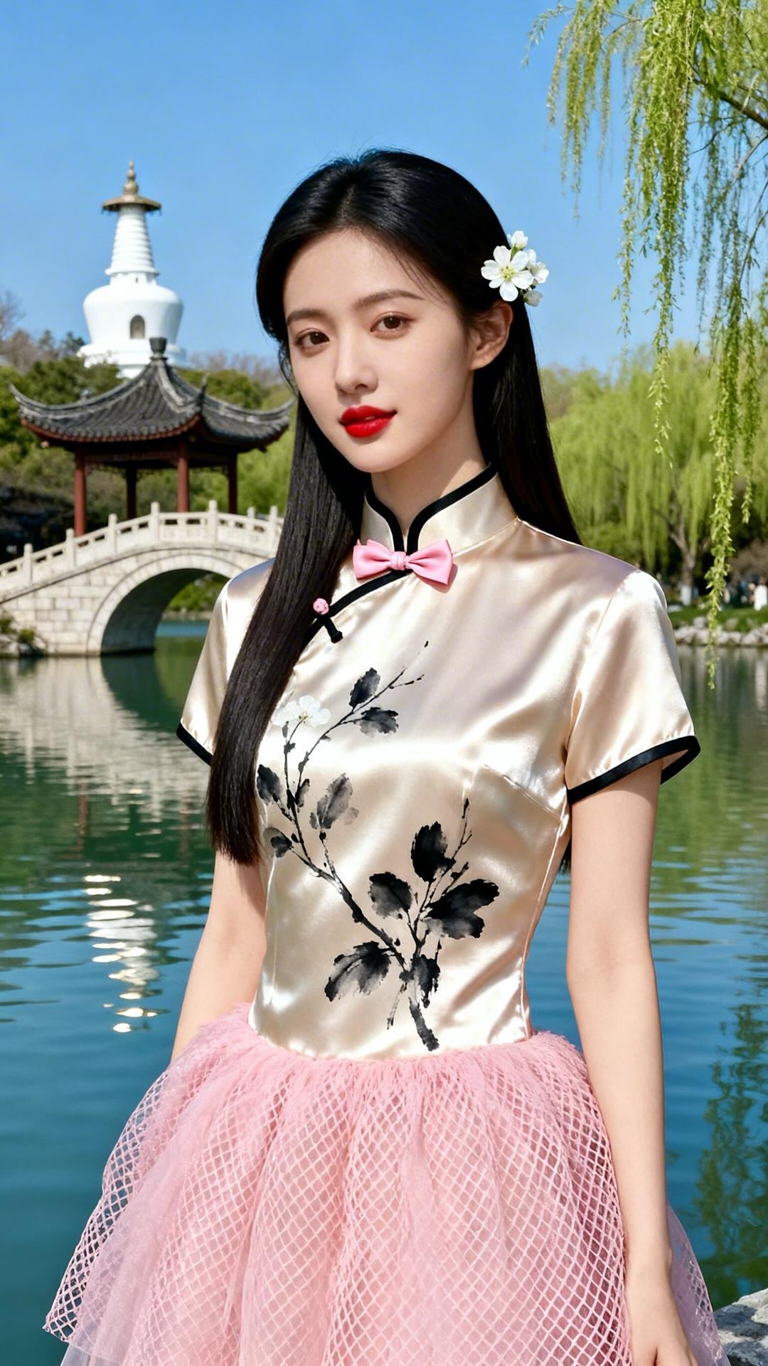 古风少女，花间漫步，粉裙飘逸，古典韵味。