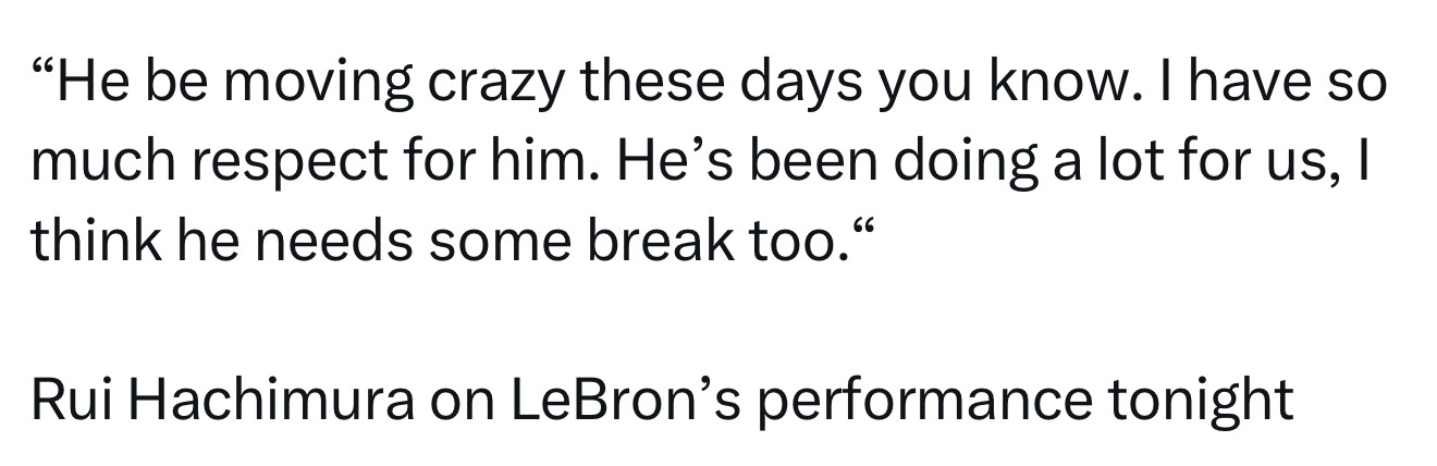 八村评价詹姆斯：“他最近的表现真是疯狂，你知道的。我非常尊重他。他为我们做了很多