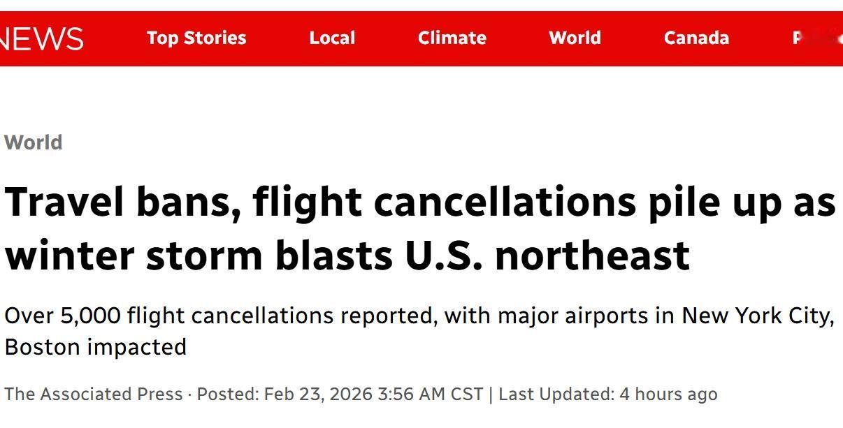 美国东北部遭遇特大风暴，超过5000个航班取消
当地时间周一，一场特大雪暴袭击了
