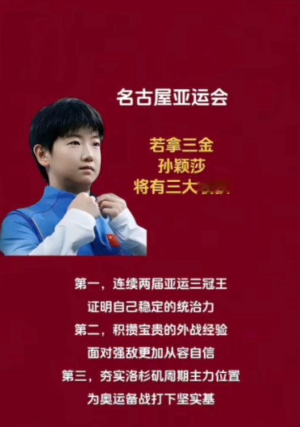 名古屋亚运会
若拿三金
孙颖莎将有三大收获！