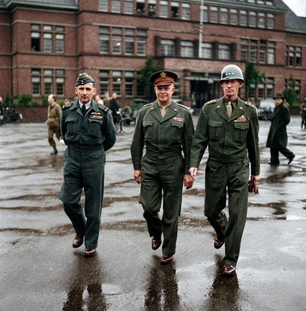 中间那位美军将领相信大家都认出来了吧？
照片记录的是1944年12月，三位盟军高