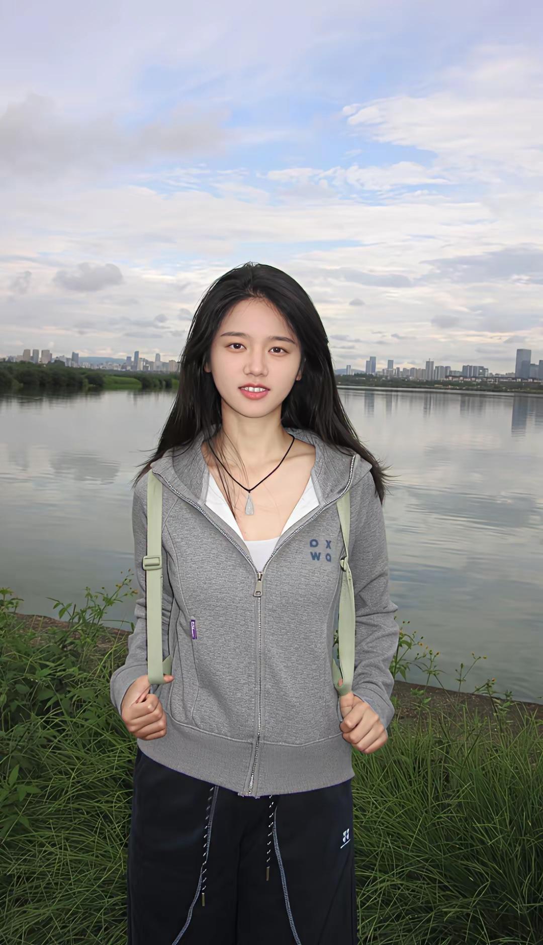 青春洋溢的少女，漫步在湖畔，享受美好时光。