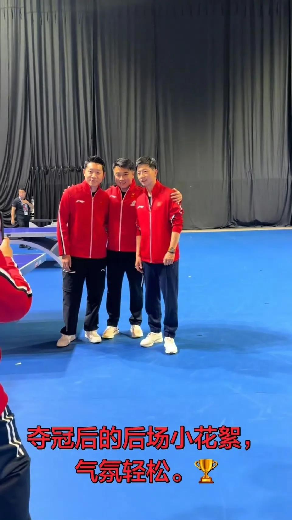 伦敦世乒赛男团夺冠后，马龙，许昕，王皓后场合影留念
马龙，许昕，他们对中国乒乓球
