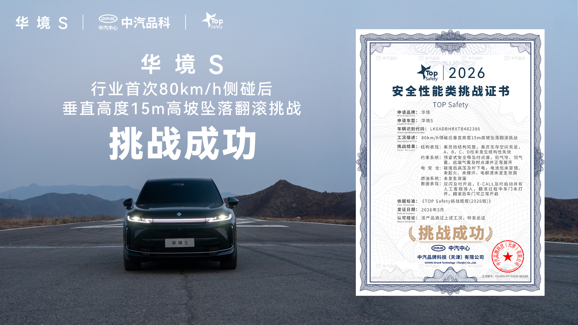 华境S以80km/h时速接受侧面撞击，随后从15米高坡翻滚坠落，最终成功通过了T