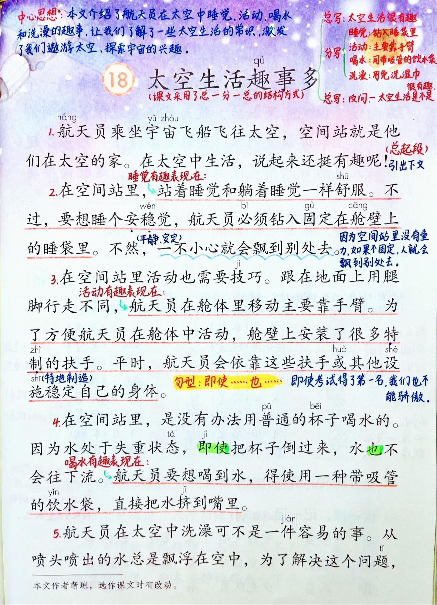 二年级下册《太空生活趣事多》笔记。文中共写了四件趣事。一是睡觉的趣事...