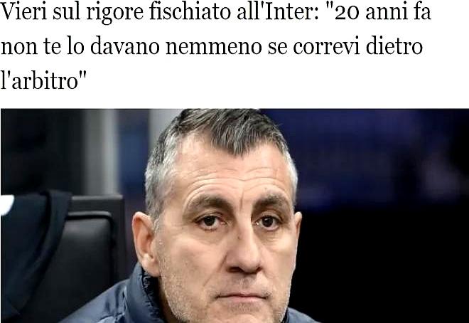 维埃里在DAZN的节目中，这样评价了德比战中国米获得的点球：
 

他说现在禁区