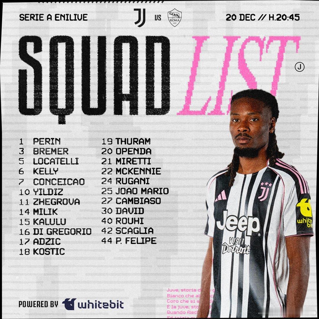 你妇公布了主场和罗马的比赛大名单，加蒂、卡瓦尔、弗拉霍维奇、平索里奥因伤缺阵，鲁