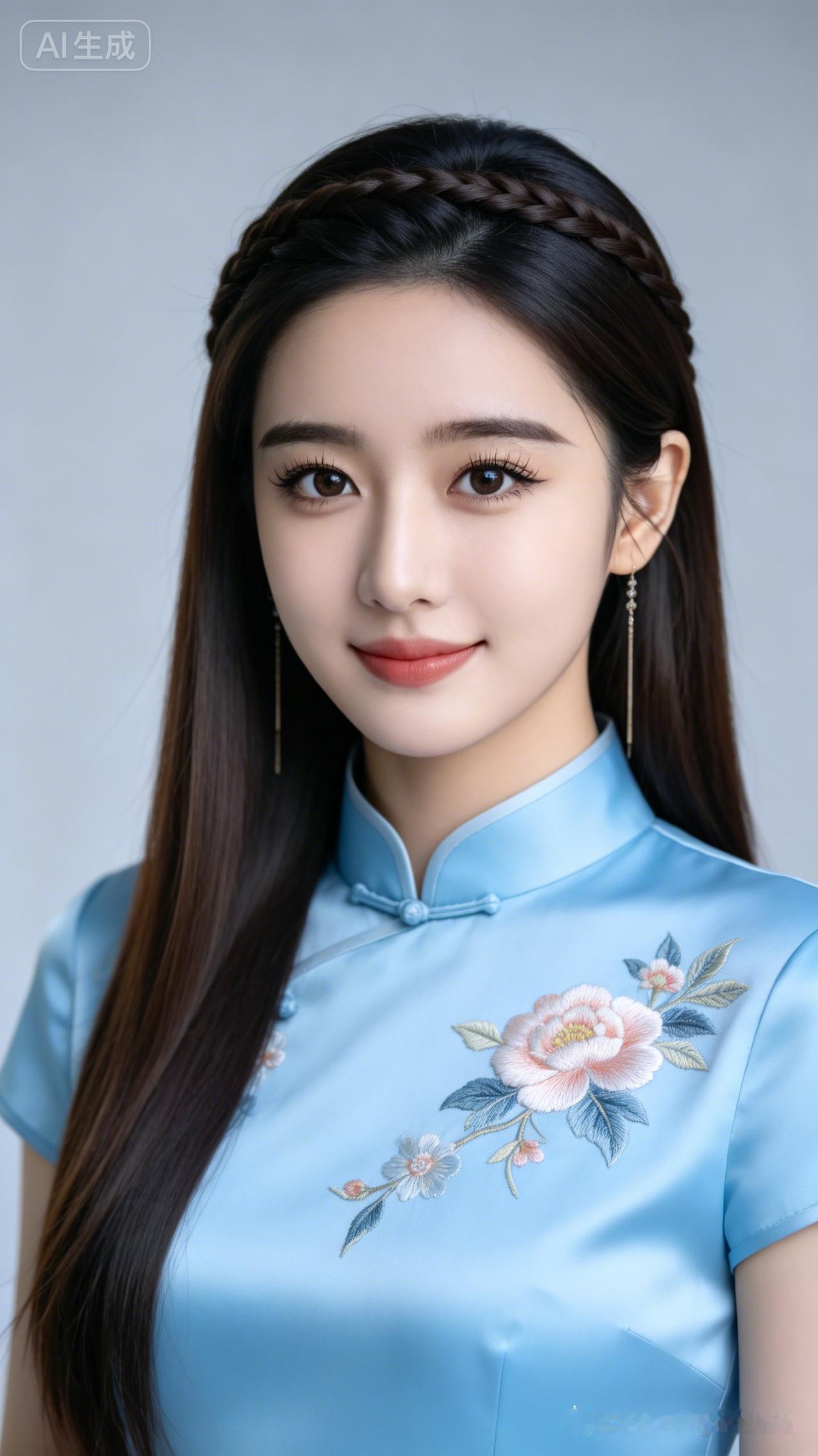 清丽少女黑棕长直发温婉灵动，头顶一缕精致编发。肤白貌美眉眼明艳，垂坠长耳坠添韵味