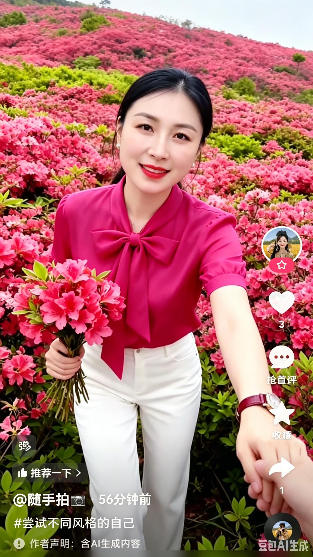 满山花开红彤彤，美女容颜自带容。
上红下白气质浓，诚心伸手盼相逢。