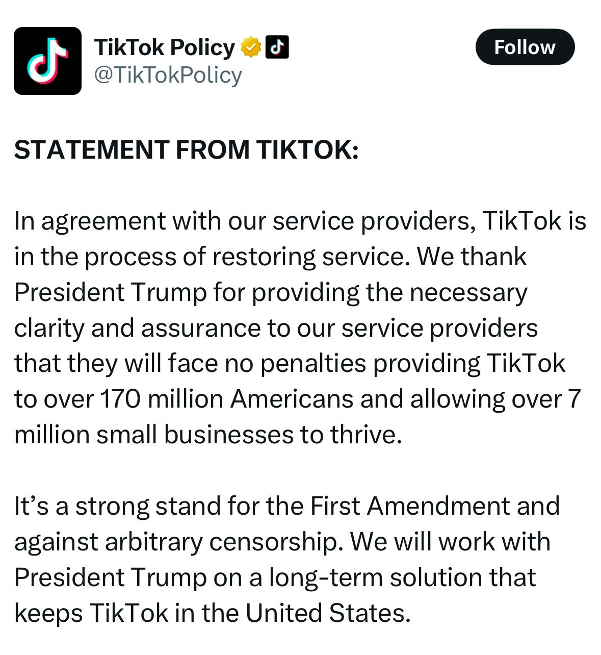 TikTok刚刚发表了一份声明，说正在恢复服务。以下是声明全文。TikTok声明