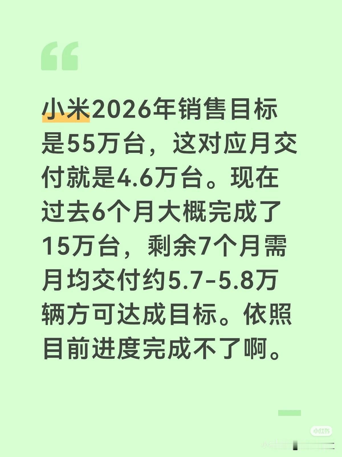小米2026年销售目标是55万台，这对应月交付就是4.6万台。现在过去6个月大概