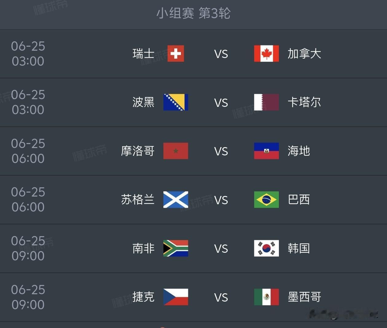 美加墨世界杯小组赛预测（6月25日）
1，瑞士1比1加拿大
2，波黑2比0卡塔尔