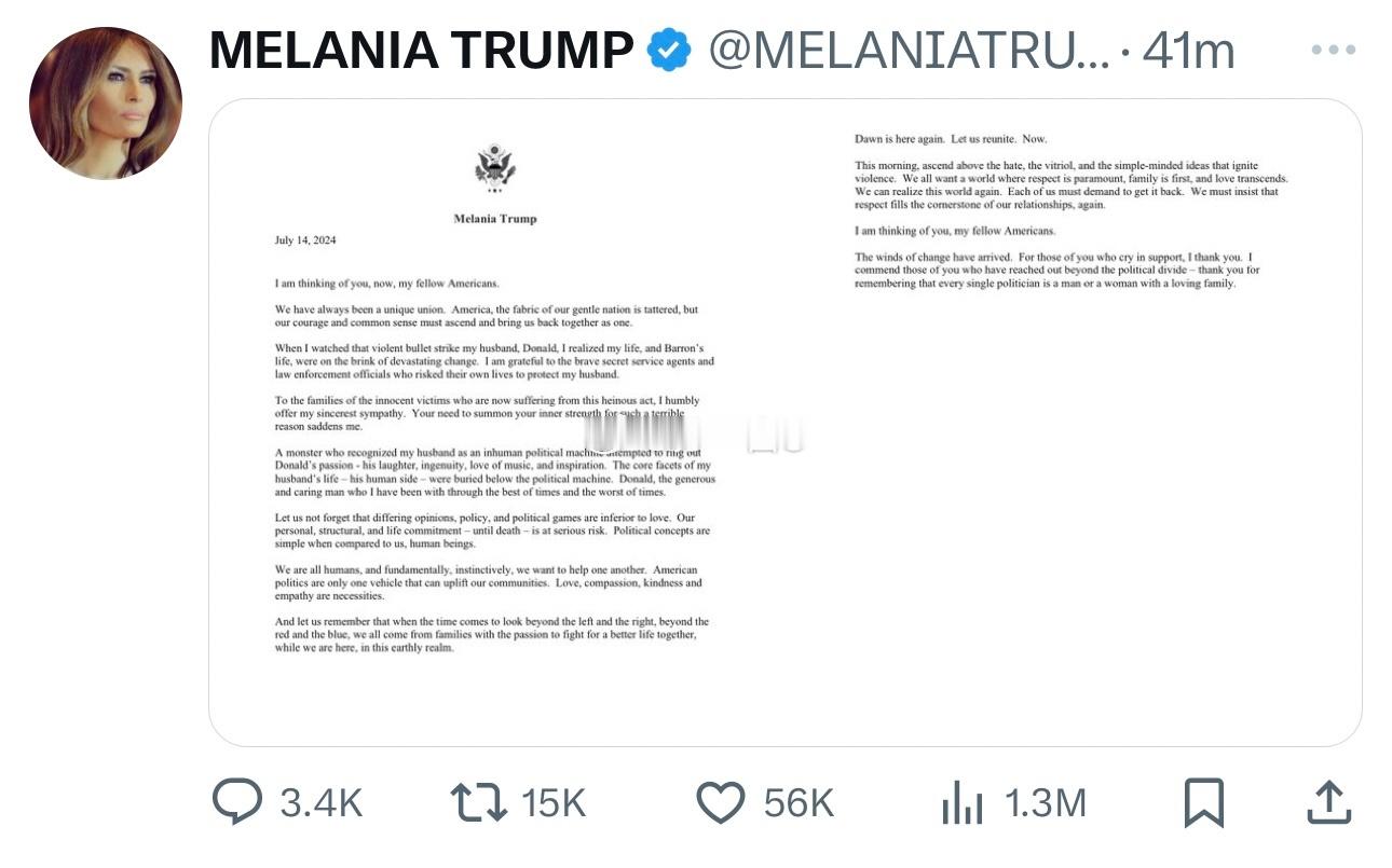 枪击案后，梅拉尼娅首发声‼️在X发了篇长声明。截取几段重点翻下👇“当我看到那颗