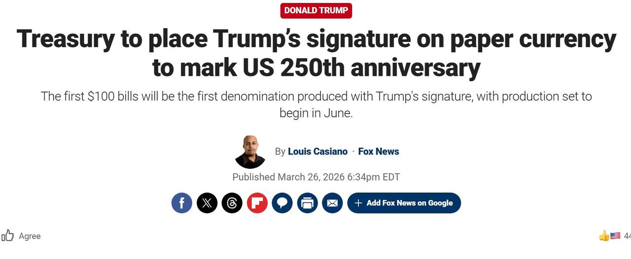 特朗普成为首位在美元上签名的现任总统
美国财政部表示，为纪念美国独立250周年，