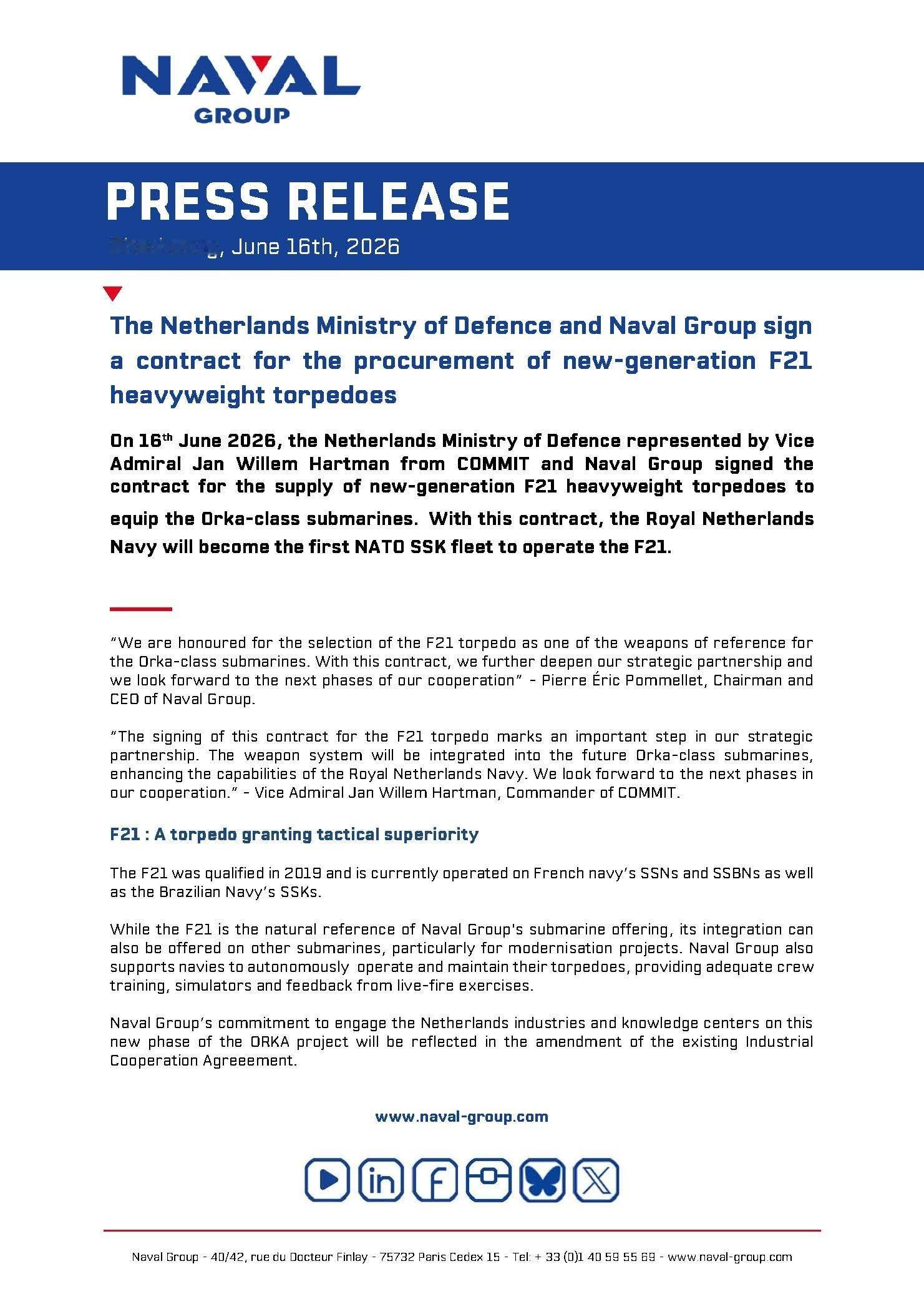 中外舰闻 荷兰🇳🇱国防部和法国🇫🇷海军集团正式签署了F21 Mk2重型鱼