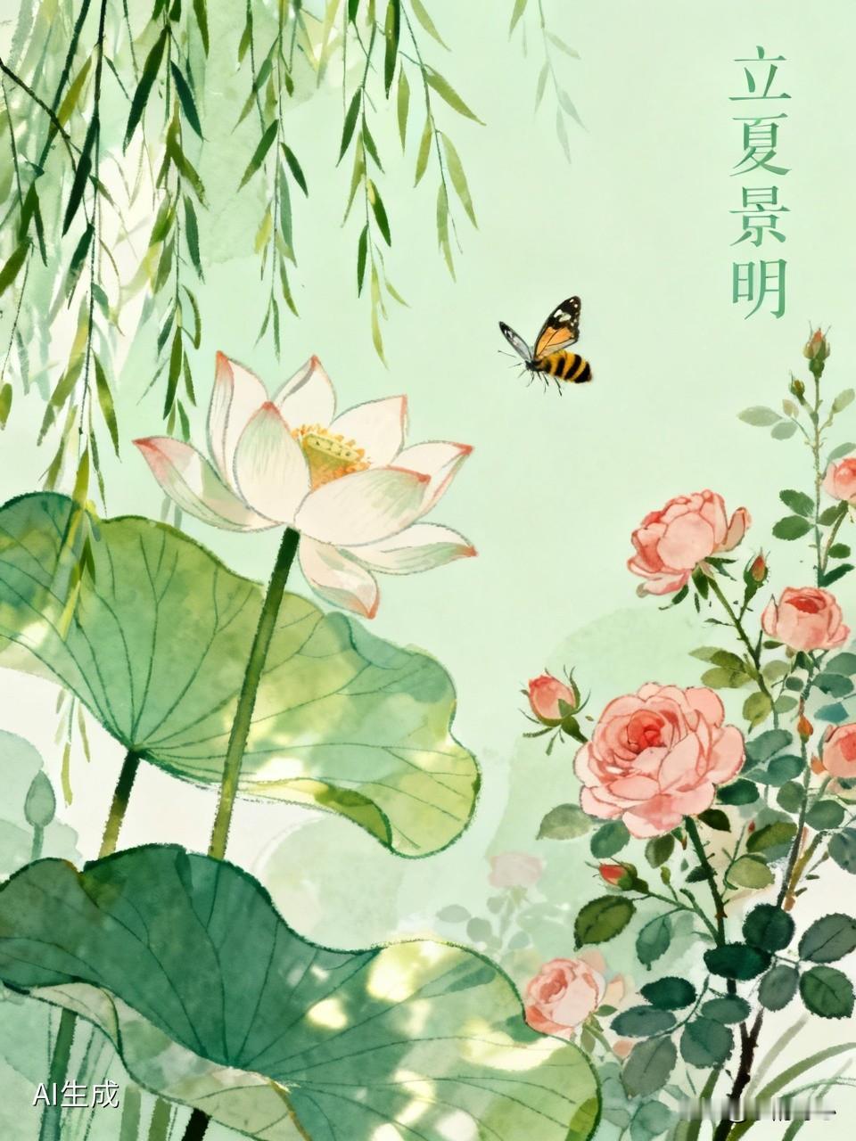 《七律*立夏景明》乐韵诗心原创诗词:
立夏初临暑气轻，
新荷出水映天明。
蔷薇满