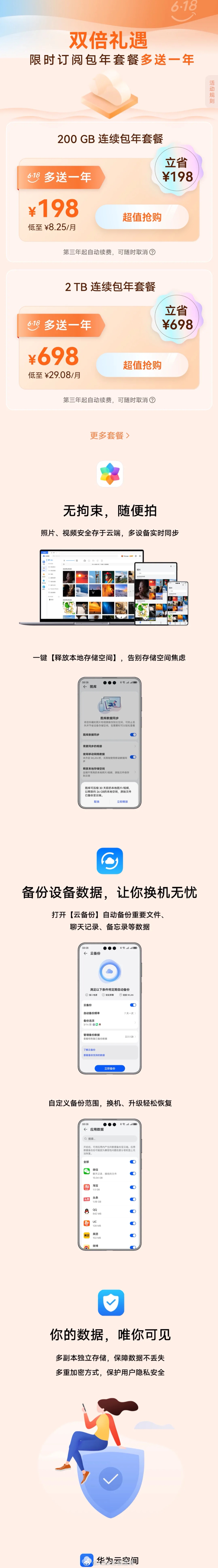 华为云空间2026年度618活动上线，限时订阅包年会员服务套餐多送一年。