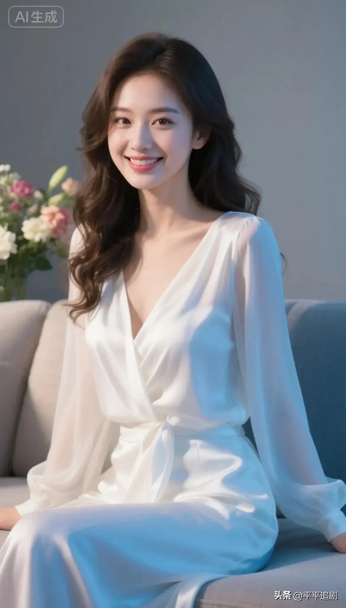 白裙垂坠如月光，卷发轻挽温柔，在柔光里藏着不张扬的优雅。