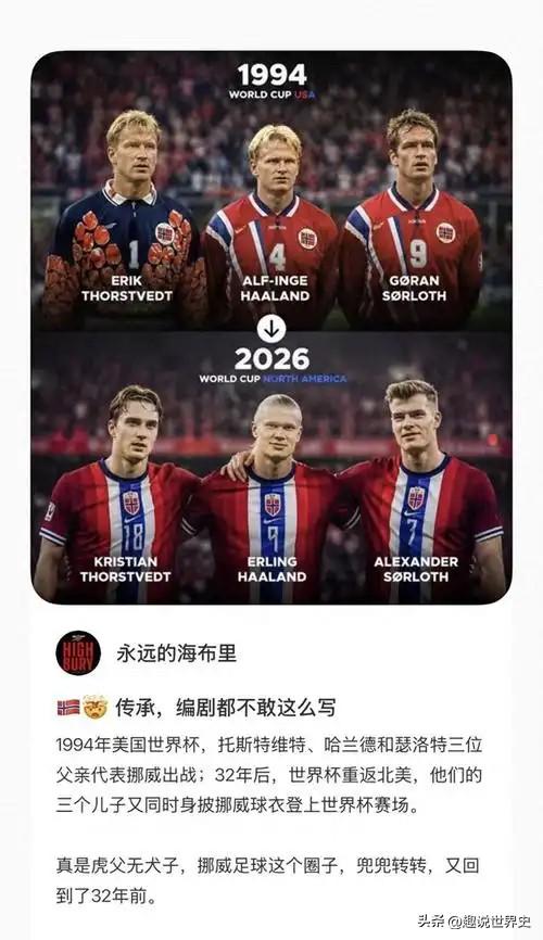 2026年美加墨世界杯上，挪威队创造了‌三对父子‌跨越32年接力参赛的历史

挪