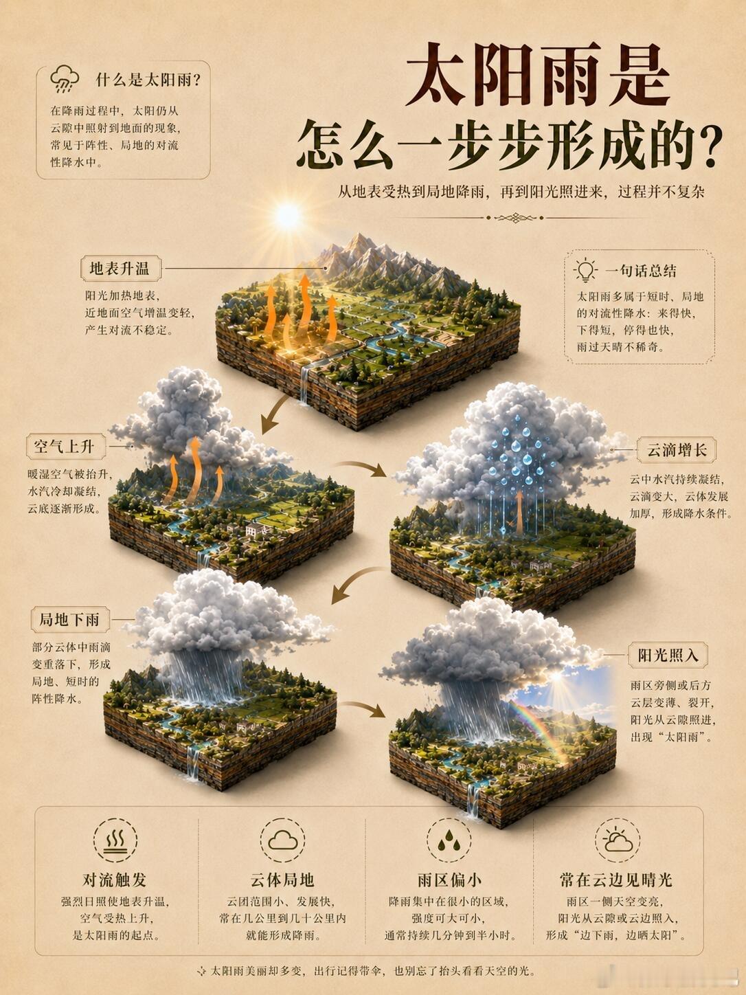 太阳雨：有些光，要穿过雨才能看见，太阳雨形成时， 空气里的水滴会不断折射、散射阳