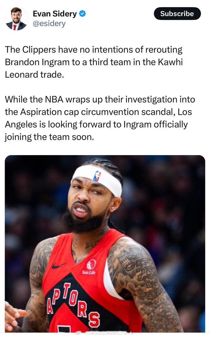 快船队无意将英格拉姆放进一个三方交易。在 NBA 正结束对 Aspiration