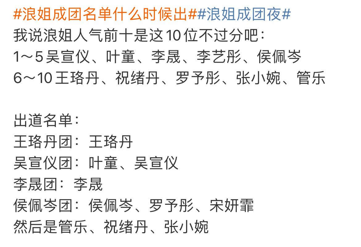浪姐成团名单这个现场投票的排名不会换票了吧！1⃣️排名是叶童第一、吴宣仪第二，宣